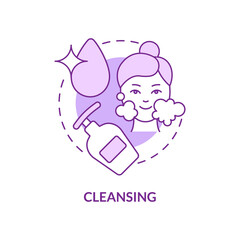 Cleansing purple concept icon. Beauty and healthcare. Skincare routine abstract idea thin line illustration. Isolated outline drawing