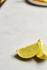 Detox, diet picture of healthy food.  Lime on a gray background. Natural beauty medicine concept. Copy space