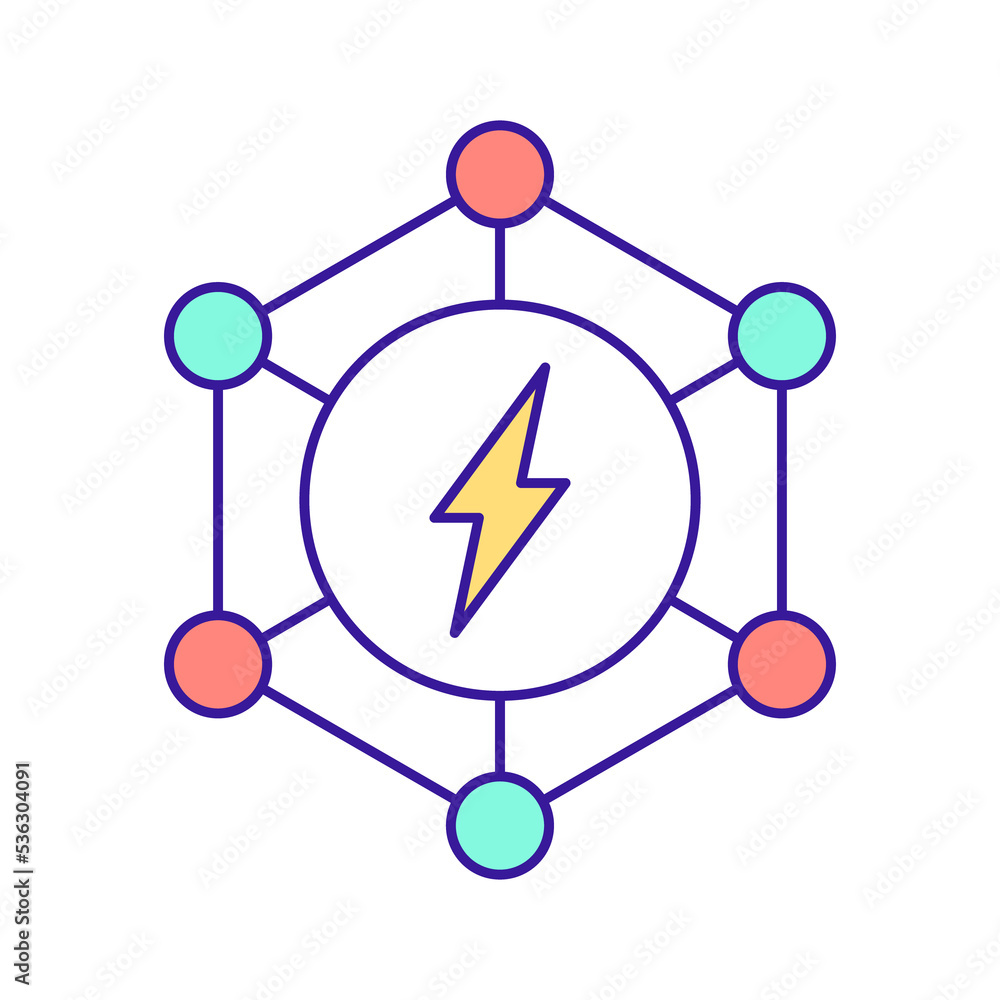 Poster electric power distribution system rgb color icon. smart grid engineering. electricity generating. i
