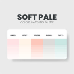 Fototapeta na wymiar Soft Pale color scheme. Color Trends combinations and palette guide. Example of table color shades in RGB and HEX. Color swatch for fashion, home, interiors, design. Colour chart idea. Illustration.