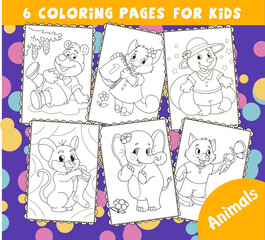 Set of the coloring pages outline. Cartoon smiling cute bear with tree, cat with calendar, mouse, elephant, cat with ice cream. Colorful vector illustration, animals coloring book for kids.