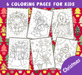 Set of the coloring pages outline. Cartoon smiling cute Santa Claus with Christmas wreath, gifts, cat, snowman, deer with Christmas three. Colorful vector illustration, winters coloring book for kids.