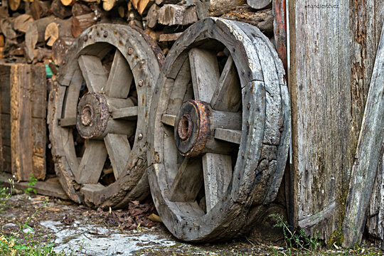 Ruedas de madera de un carro de bueyes antiguo. Galicia 