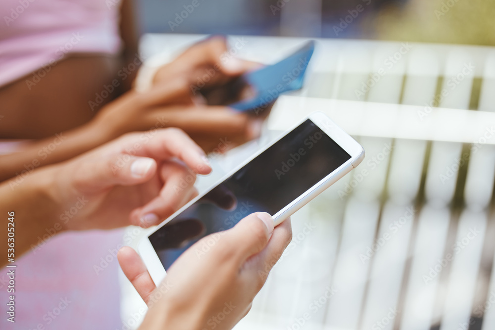 Poster hands, phone and woman texting, messaging and chatting on social media using internet and browsing o