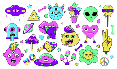Psychedelic characters set. Skull and alien emoji sticker, crazy doodle smiling creatures. Retro surreal trippy hippie symbols, funny happy elements acid colors vector illustration design
