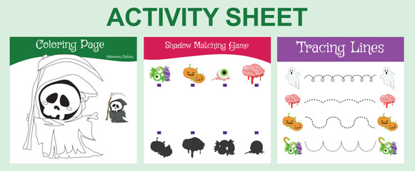 Bundle activity worksheet for toddlers with Halloween theme. Cute character printable worksheets Halloween edition. 