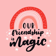 Naklejka premium Happy Friendship Day cute hand lettering. Best friends forever. Greeting card typography template. Modern calligraphy design elements, quotes, friend phrase.