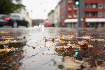 puddle with leaves and raindrops on a paved road in the rain near the crossroads against the backdrop of cars with headlights