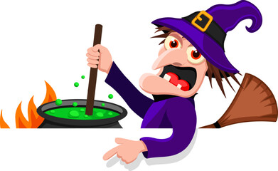 Witch brews a potion and points a finger at a place for text on a white background. Halloween character