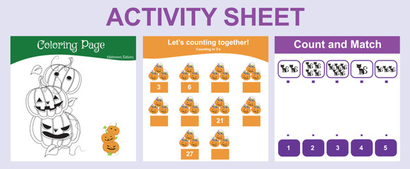 Bundle activity worksheet for toddlers with Halloween theme. Cute character printable worksheets Halloween edition. 