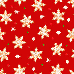 Seamless pattern with ginger cookies on a red background. Gingerbread snowflake,