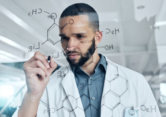 Science, glass board and man writing a chemistry equation, formula or algorithm for medical...