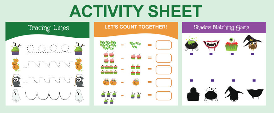 Bundle activity worksheet for toddlers with Halloween theme. Cute character printable worksheets Halloween edition. 