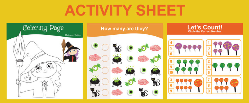 Bundle activity worksheet for toddlers with Halloween theme. Cute character printable worksheets Halloween edition. 