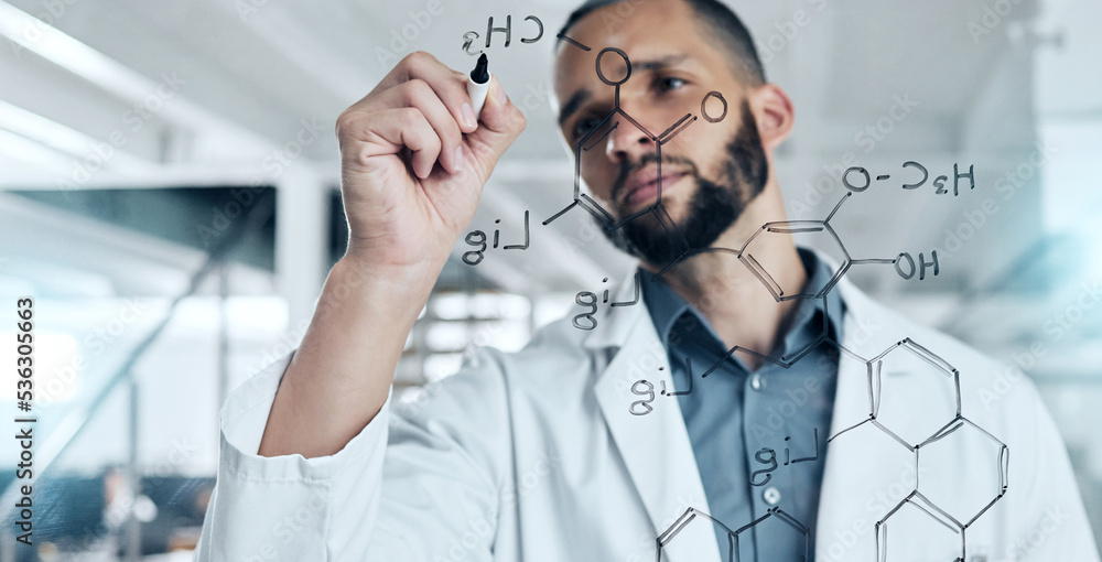 Poster Science, research and formula with a man engineer working and writing on glass in a laboratory. Innovation, analytics and future with a male scientist at work on development in his medical lab