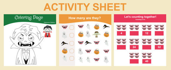 Bundle activity worksheet for toddlers with Halloween theme. Cute character printable worksheets Halloween edition. 