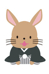 年賀状用素材　挨拶をする和装のかわいい茶色のウサギのイラスト　卯年　うさぎ年　白背景