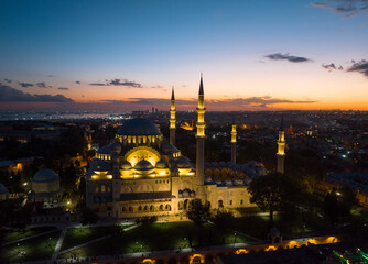 Suleymaniye Mosque in the Sunset Time Drone Photo, Fatih Istanbul, Turkey