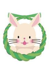 年賀状素材　干支の白いかわいいウサギと正月のしめ縄飾りの組み合わせのイラスト　十二支