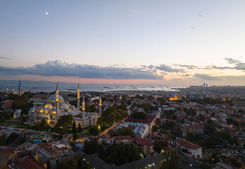 Suleymaniye Mosque in the Sunset Time Drone Photo, Fatih Istanbul, Turkey