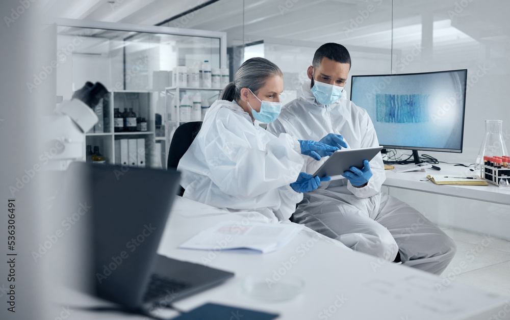 Poster covid research, tablet and science with a man and woman scientist working in a lab for innovation an