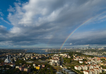 Rainbow in the Istanbul Bosphorus Drone Photo, Uskudar Istanbul, Turkey