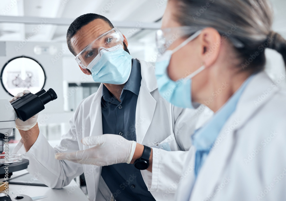 Poster scientist team, microscope and covid analysis in a research or science lab to study virus for safety