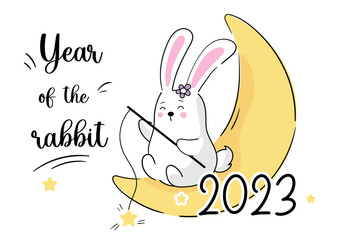 Vector calendar 2023 with symbol of the year rabbit. Cute funny kawaii character baby bunny. Week starts in Sunday. Template with cover in size A4 A3 A2 A5.