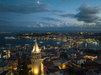 Galata Tower in the Sunset Lights Drone Photo, Galata Beyoglu, Istanbul Turkey