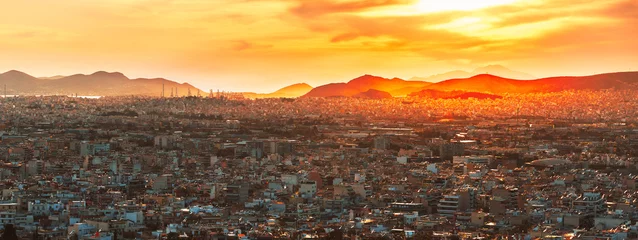 Poster Roof top View at Residential areas of Athens, the capital of European country Greece, during epic sunset. Panoramic view. © Feel good studio