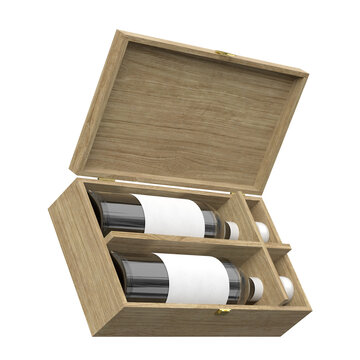 3d rendering illustration of a wooden box with two wine bottles