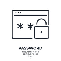 Web security and password editable stroke outline icon isolated on white background flat vector illustration. Pixel perfect. 64 x 64.