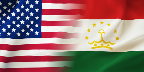 Tajikistan,USA flag together.Tajikistan,American waving flag.