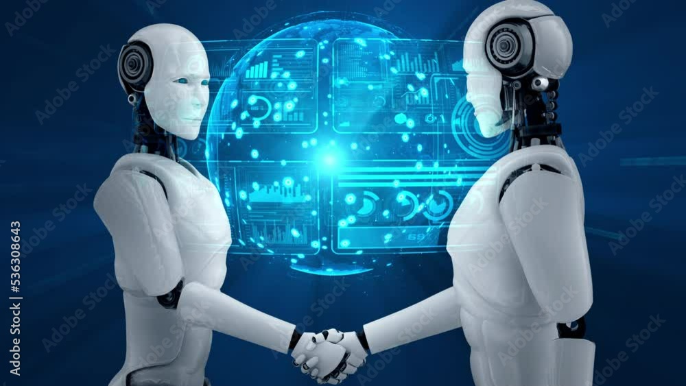 Aufkleber 3d rendering hominoid robot handshake to collaborate future technology development by ai thinking br