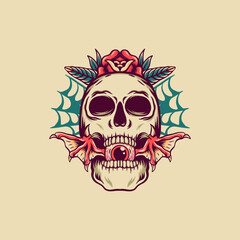 Skull And Eye Bat Retro Illustration