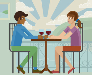 Young Couple Sea Side Restaurant Cartoon