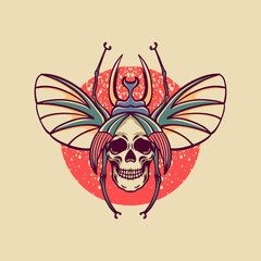 Skull Beetle Retro Illustration
