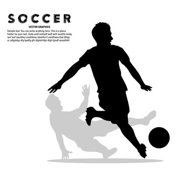 Silhouette of soccer player running avoiding opponent tackle isolated on white background