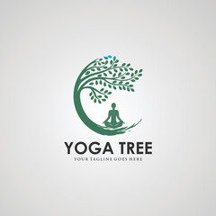 Tree yoga logo. Silhouette of a person in meditation in a round frame. The image of nature, the tree of life. Design of the emblem of the trunk, leaves, crown and roots of the tree.Yoga logo vector,