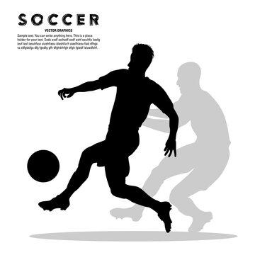 Silhouette of soccer players fighting over the ball isolated on white background