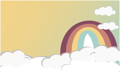 Rainbow With Clouds, With Gradient Mesh, Vector Illustration. Light blue cloudscape background with rainbow. copy space. Cloudy soft landscape background. sunset color