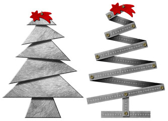 3D illustration of two small metal Christmas trees with red comet star isolated on white or...