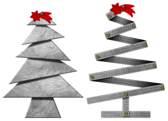 3D illustration of two small metal Christmas trees with red comet star isolated on white or transparent background, png.