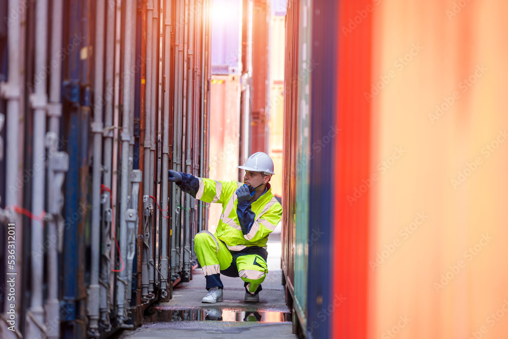 Poster Inspector checking container yard Organising stock to pack into containers,Imported product,Logistics.