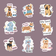 Set of funny stickers with a pet dog. Emblem with cute animal with motivational quote. Vector illustration.
