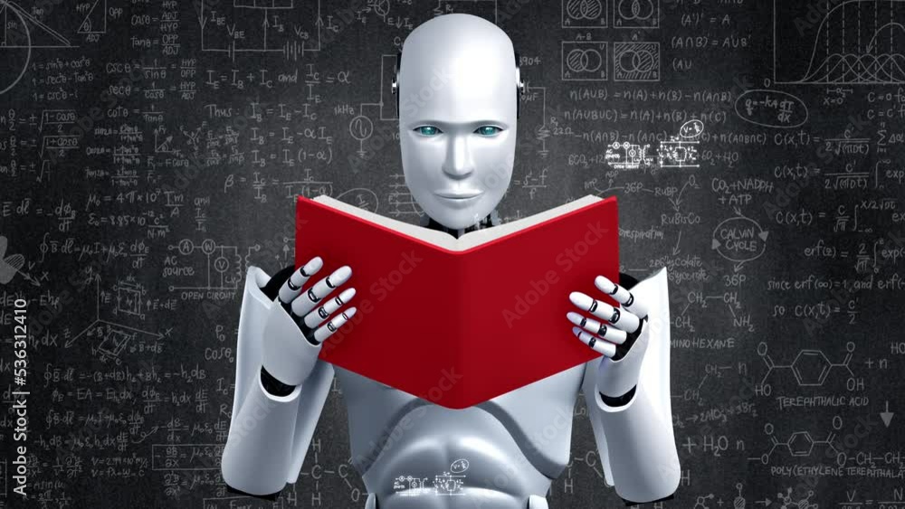 Aufkleber 3d rendering of robot hominoid reading book and solving math data analytics in concept of future mat