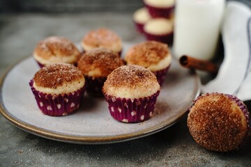 Homemade cinnamon sugar donut muffins, selective focus