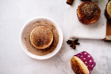 Homemade cinnamon sugar donut muffins, selective focus