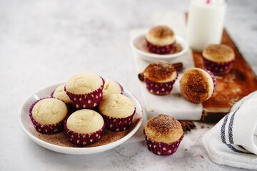 Homemade cinnamon sugar donut muffins, selective focus