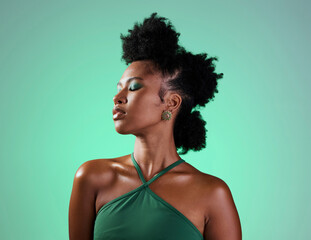 Beauty in green, makeup or black woman portrait of sexy afro model with fashion, facial makeup or...